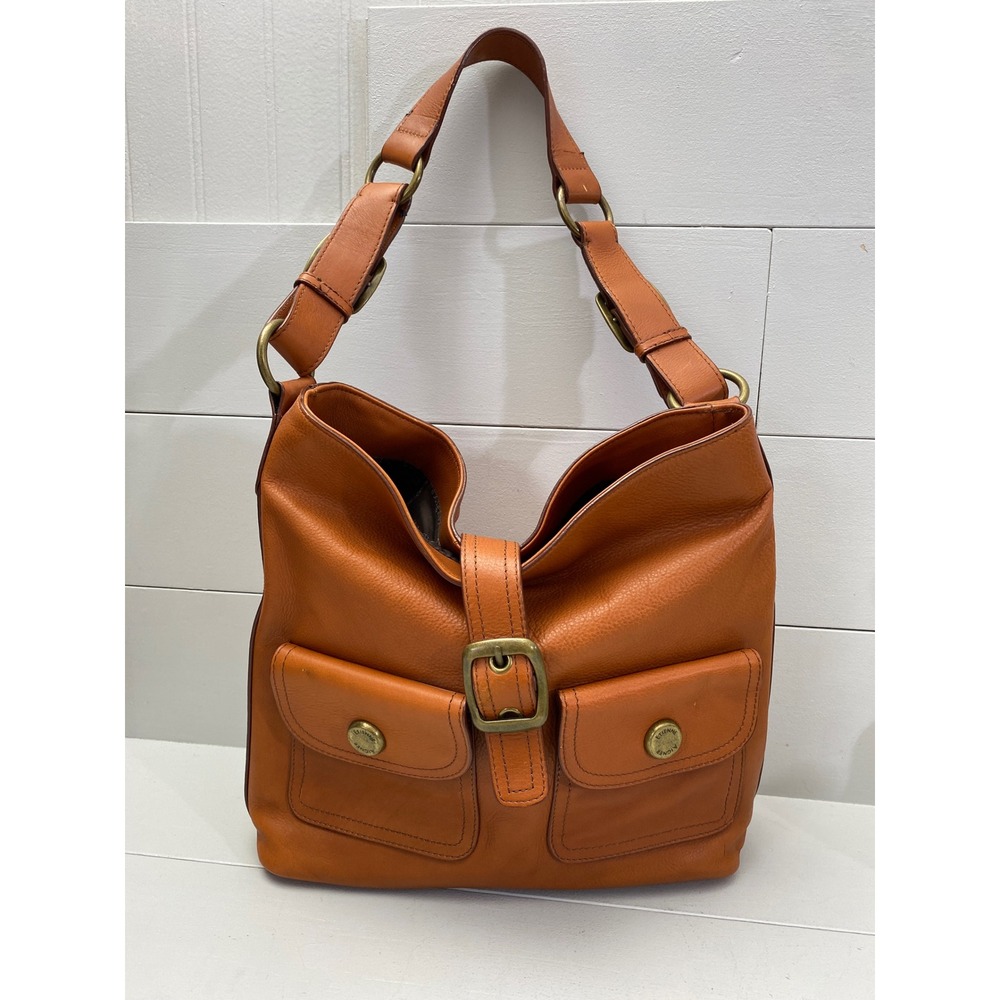 Etienne Aigner Leather Shoulder Bag Large Cognac Orange Brown Hobo Pocket Purse
